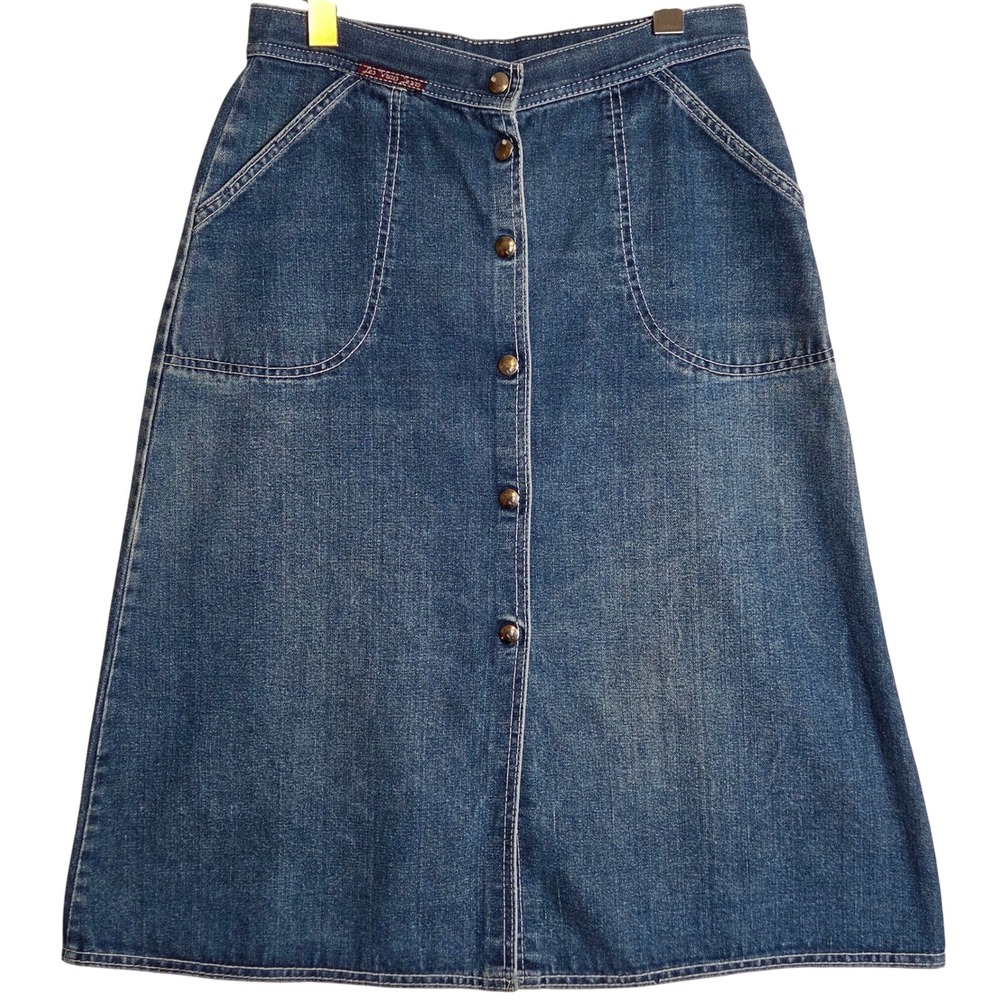 Denim Midi A-Line Skirt Snap Front Boho Retro Western Coastal VinLes Vrais Jeans